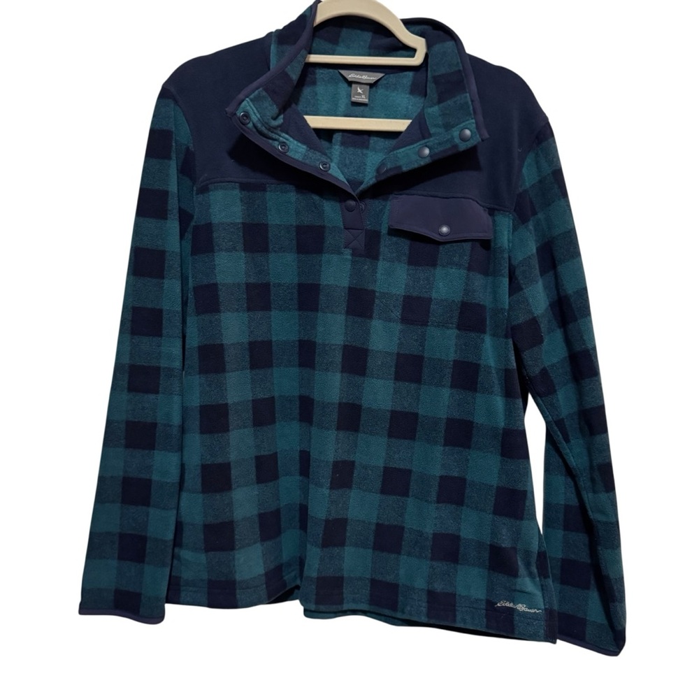 Eddie Bauer Green and Navy Checkered Fleece - size XL EUC